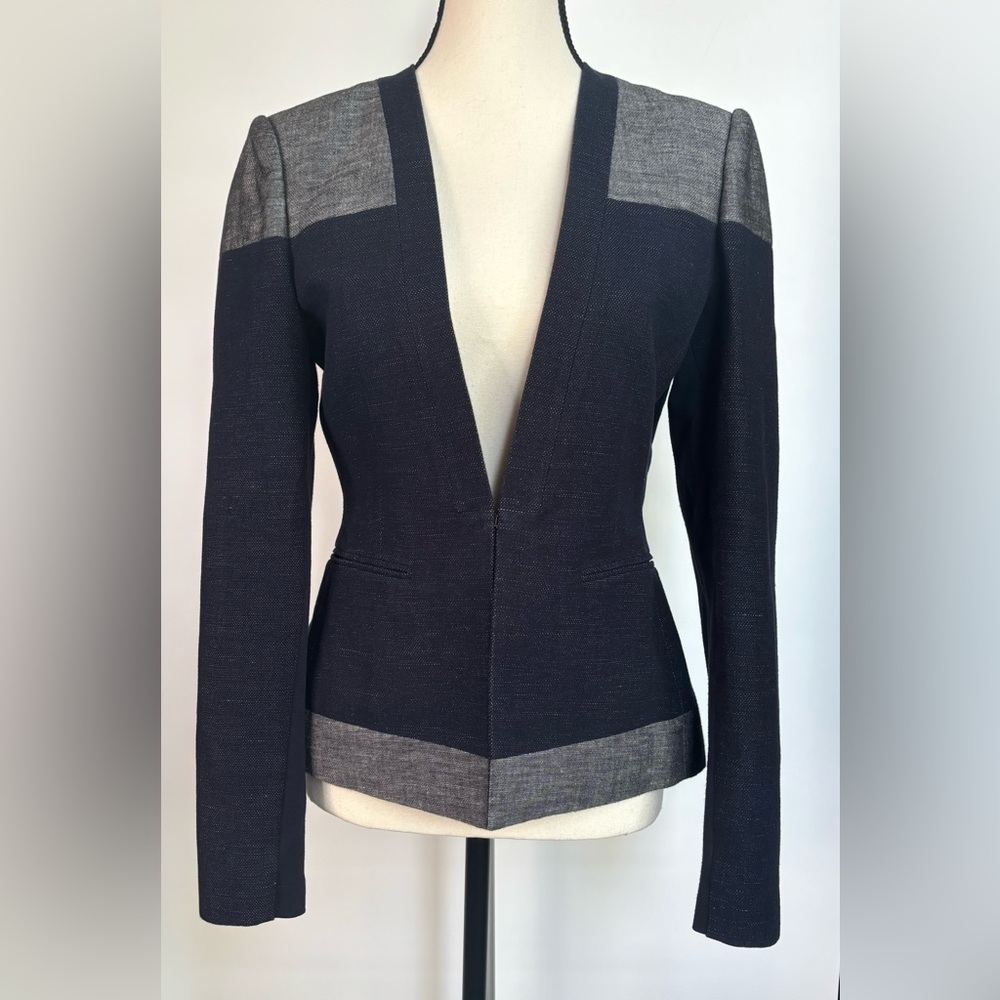 BCBG MaxAzria Navy Color Block Cliff Linen Cotton Business Blazer Jacket XS